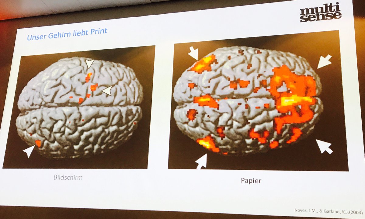 PrintPower's tweet photo. This is how much more brain activity is triggered by reading #paper according to @Mr_Multisense at the Creatura Event in Munich.
#OlafHartman #multisense #advertising #effectiveness #haptics https://t.co/vJriZrRT7r