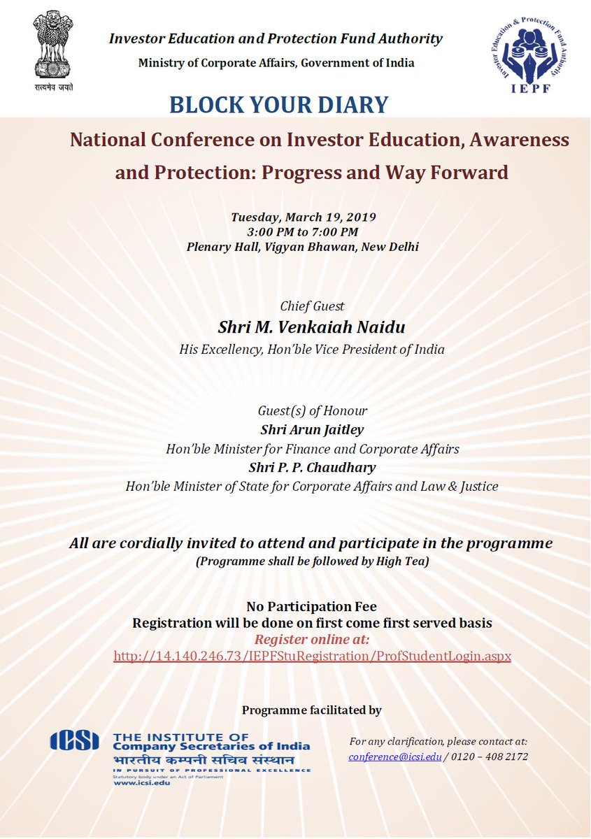 icsi_cs's tweet photo. #BlockYourDiary National Conference on #InvestorEducation, #Awareness and #Protection: Progress and Way Forward
http://14.140.246.73/IEPFStuRegistration/ProfStudentLogin.aspx @RanjeetPandeyCS @dixit1965 @FinMinIndia @IEPFAuthority https://t.co/FoLhlRlOjR