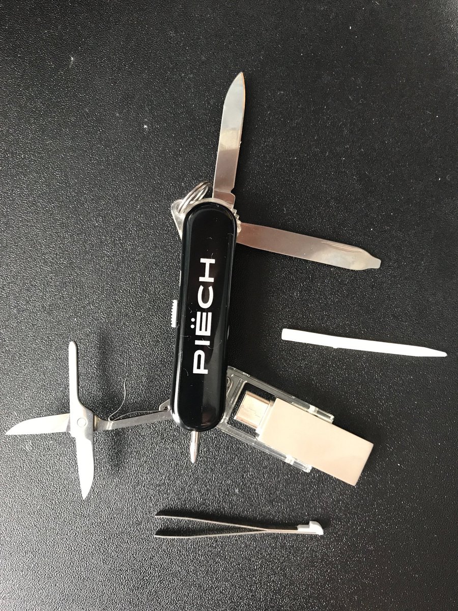 Post-#GIMS surprise this morning, when I pulled out what I thought was just a USB from the Piëch stand out of my bag.
It is a USB (16GB!), but it’s a whole lot more (scissors, file, tweezers, blade - even a pen).
Damn handy.
And it passed through Geneva airport security.