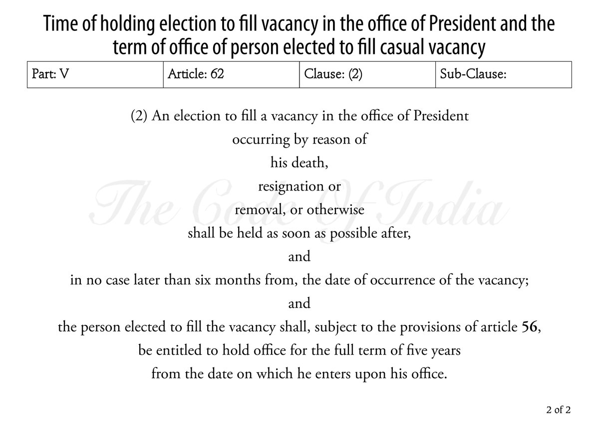 TheCodeOfIndia's tweet photo. Time of holding election to fill vacancy in the office of President and the term of office of person elected to fill casual vacancy #Article62 #PresidentialElection #ThePresidentOfIndia #Chapter1 #TheExecutive #Part5 #TheUnion #India #TheConstitutionOfIndia #TheCodeOfIndia https://t.co/tYRkSySsna
