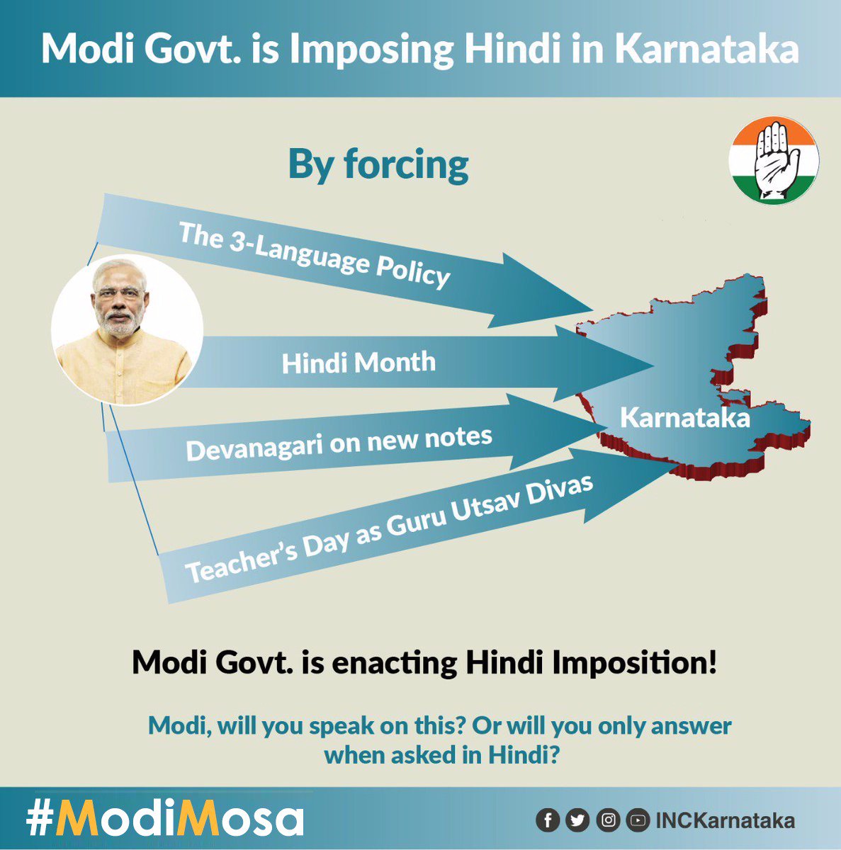incbhalki's tweet photo. Modi govt is imposing Hindi in Karnataka by forcing the 3 language policy ,Hindi month, devangiri on new notes ,teachers day as guru utsava divas, Modi hates Karnataka #ModiMosa https://t.co/repdv45fdV