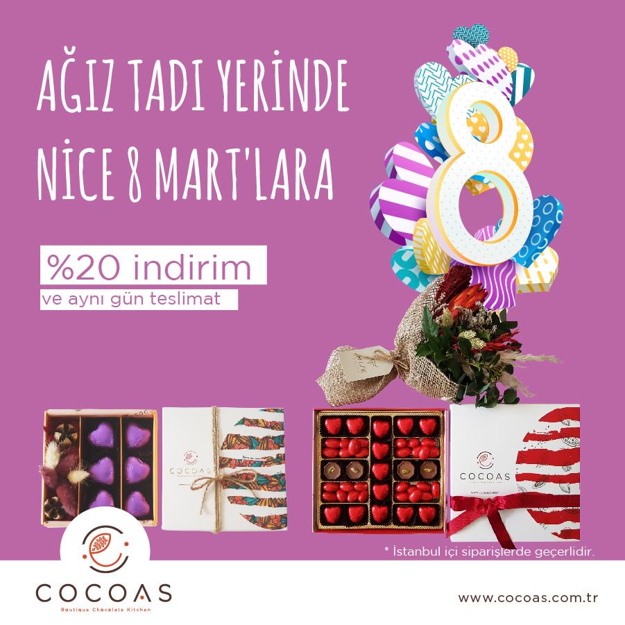 8 Mart Dünya Kadınlar Günü' ne özel çiçekli koleksiyonumuzda %20 indirim fırsatından yararlanmak için cocoas.com.tr' ye bekliyoruz.

#cocoaschocolat #8mart #kadınlargünü #kadın #çikolata #chocolat #indirim #fırsat #çiçek