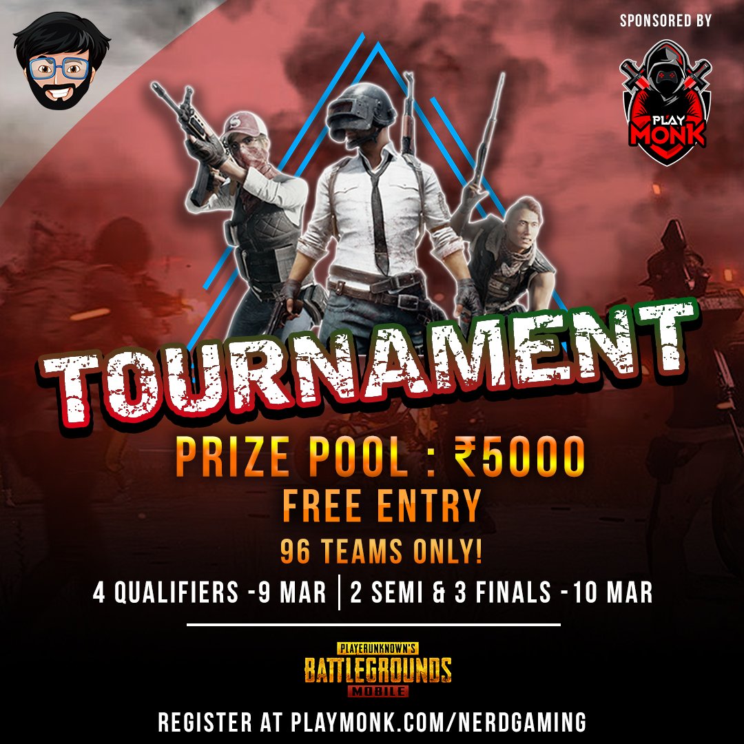 playmonkglobal's tweet photo. Nerd Gaming Rs.5000 cash prize tournament sponsored by PlayMonk.
Win cash prize up to Rs.5000.Jump in and Register at
https://t.co/VRwHLjO4Gy
For more exciting tournaments visit: https://t.co/vpc02yLVKi
#playmonk #esports #pubgtournament #pubgtournaments #PUBG https://t.co/8iCNjlNJDV