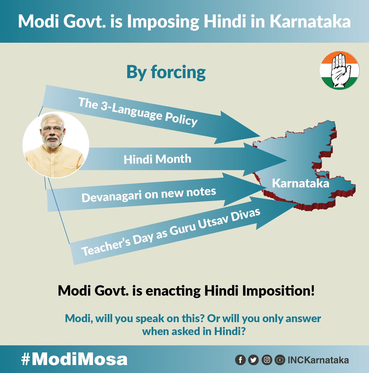 IncKoratagere's tweet photo. Fact Check 6

Modi Govt Is Imposing Hindi In Karnataka By Forcing 

The 3 Language Policy 
- Hindi Month
- Devanagari On New Notes 
- Teacher's Day  As Guru Utsav Day

#ModiMosa https://t.co/C3t0IAaXiE