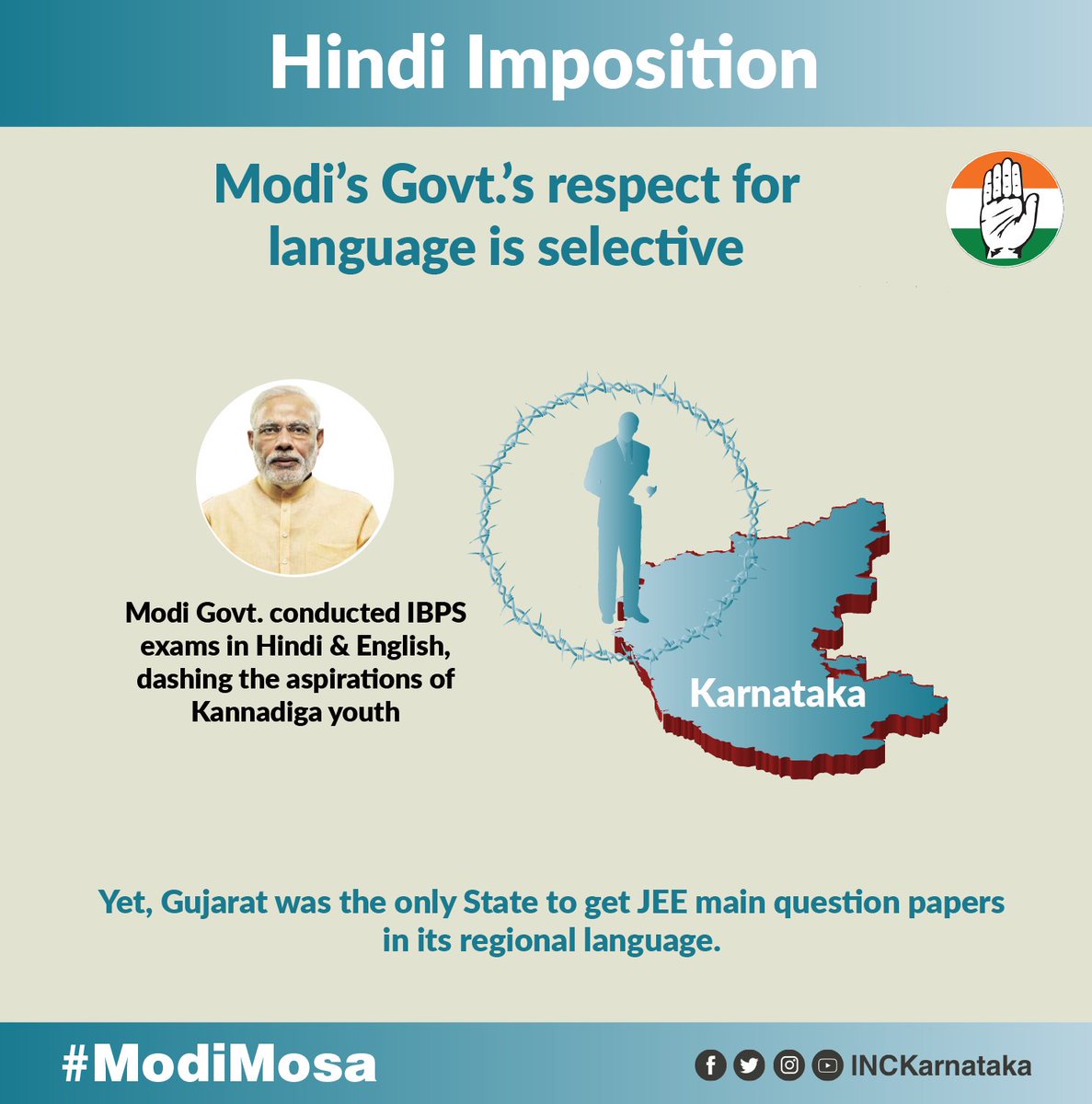 IncKoratagere's tweet photo. Fact Check 7 Hindi Imposition

- Modi's Govt's Respect For Language Is Selective 
Modi Govt Conducted IBPS Exams In Hindi &amp; English dashing the aspirations of kannadiga Youth 

"Yes Gujarat was the only state to get JEE main question papers in its regional Language".
#ModiMosa https://t.co/AiCDMjQQMd