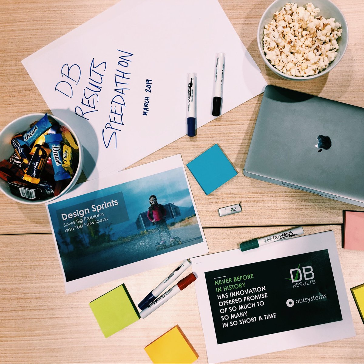 rbunshaw's tweet photo. Would it be a @_dbresults #speedathon without lollies, post it notes &amp; sharpies? 

Can’t wait for the games to begin as a #DesignThinker tonight - let’s do this!

Partnering with @OutSystems #lowcode #designthinking #dev #innovation #ideation #designsprints #dbspeedathon

📱🖍🔖 https://t.co/QAhpLBuYI3