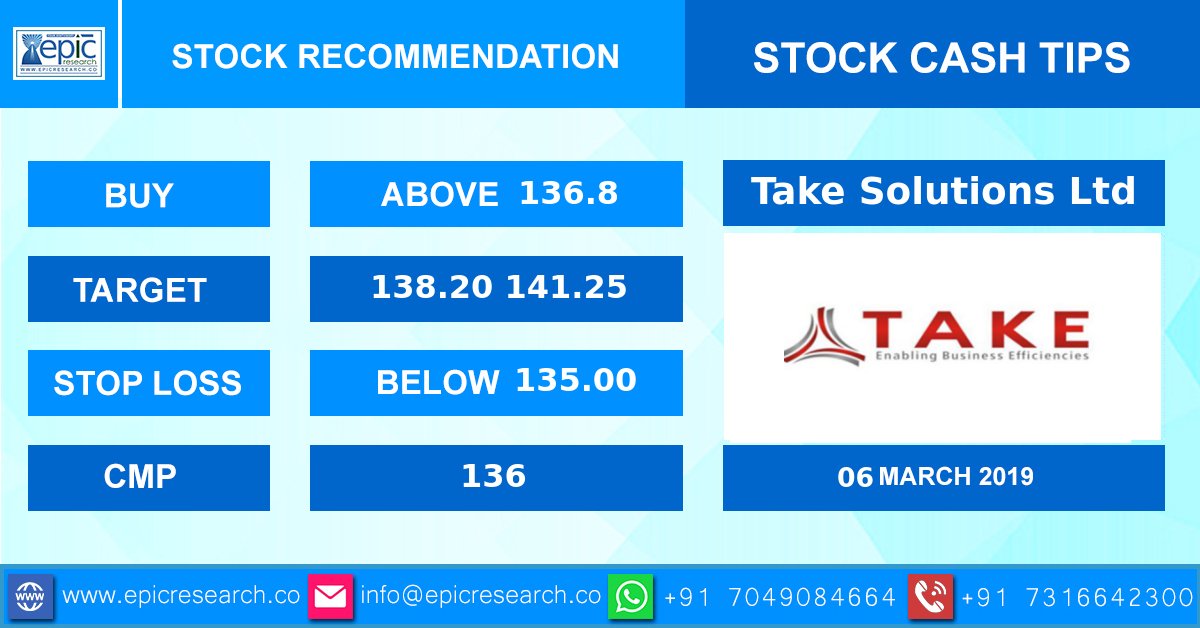 Stock_Advisory's tweet image. #EpicResearch #StockCashTips : 6th March 2019
BUY #TakeSolutions Ltd ABOVE 136.8 #StockMarket #StockMarketNews #ShareMarket#ElectionsWithEpicResearch#LokSabhaElections2019
For more join us on #WhatsApp ✆ – 7049084664 … https://t.co/6QFhLIGnXn"