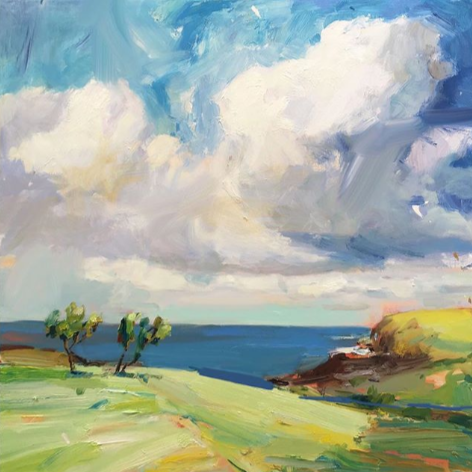 RClaremont's tweet photo. Feels great to be #painting big #landscapes again. #Autumn is coming, hot still, but the sky promises something else. “Loves Bay”, 85X85cm, oil on linen.
#art  #onlineart #inspiration https://t.co/9AEvhJP0ej
