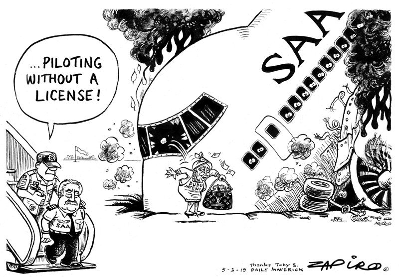 zapiro's tweet photo. Zapiro's cartoon on @dailymaverick on unlicensed #SAA #SAAPilot @MyeniDudu @shapshak - https://t.co/dcKUk4P5Lq https://t.co/7i4uxUI8SO