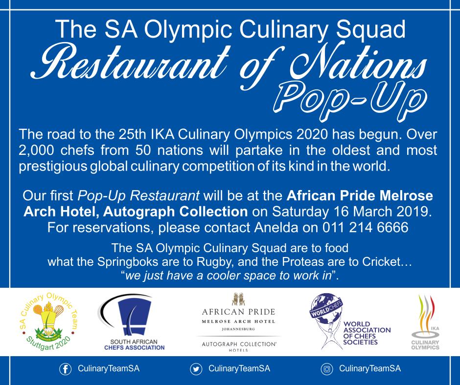 #CulinaryTeamSA will present their first 'Restaurant of Nations Pop-Up' on 16 March 2019 at the Melrose Arch Hotel, <a href="/MelroseArch/">Melrose Arch</a>.

An experience not to be missed!

Please contact the hotel directly for reservations.

#RoNPopUp
#TeamMasakhane 
#IamaSAChef