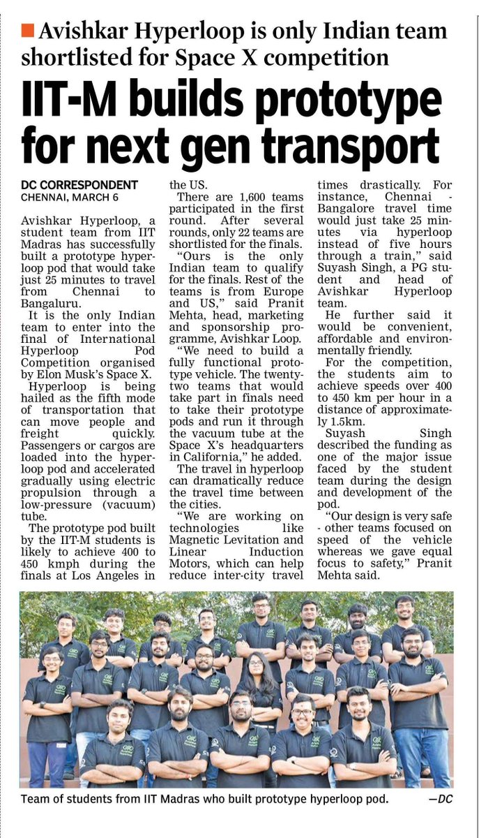 FGCTweets's tweet image. Avishkar Hyperloop, a student team from @iitmadras has successfully built a prototype hyperloop pod that would take just 25 minutes to travel from Chennai to Bangaluru.
#Hyperlooppod #Magneticlevitation #Travel 

Publication: Deccan Chronicle 
deccanchronicle.com/nation/current…