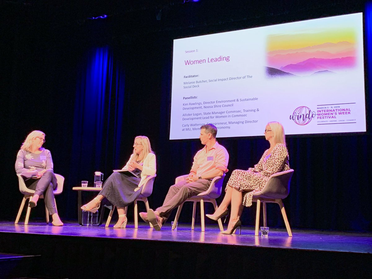 TheSocialDeckPR's tweet photo. We had a great time this morning at @WINDO_Sisters Community Leadership Conference, with @melbutcher facilitating a fantastic opening panel session with @KRawlCFC (@NoosaCouncil ), Allister Logan (@CommSec), and @carlywatterson (@MUAustralia1). 
 #internationalwomensweek https://t.co/OYcr0eTJ3b