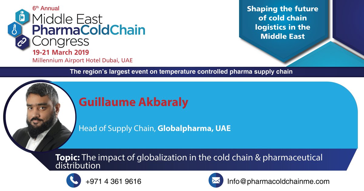ColdPharmaME's tweet photo. What is the  impact of #globalization in the #cold #chain &amp;
#pharmaceutical #distribution? Hear from Guillaume Akbaraly at the #MiddleEast #Pharma Cold Chain #Congress. #Register now: https://t.co/13y6XnUE6g #RegisterNow #Dubai #UAE #MEColdChain #MeetTheSpeakers #SupplyChain https://t.co/jlCHsSOFl3