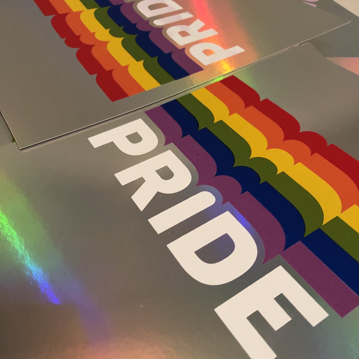 Joseph3gan's tweet photo. New screen prints completed. Getting 7 colours down and keeping the registration tight was really difficult but very happy with the final result. #screenprint #print #holographic #damnfineprint #pride https://t.co/ICiVEjzmWk