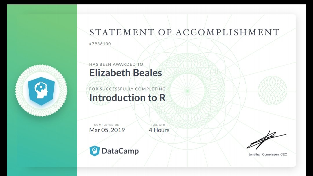 elizabethbeales's tweet image. Completed my first @DataCamp course! Intro to R done. Onto the next one 😁 #IzzyLearnsToCode #IzzyLearnsR #rladies #rstats #AcademicTwitter
