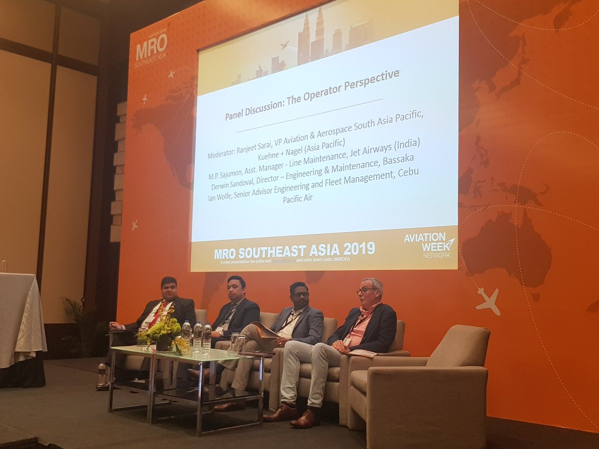 AvWeekEvents's tweet photo. Operators panel at #MROEA including @bassakaair @CebuPacificAir @Kuehne_Nagel & @jetairways #MROSEA https://t.co/zMWSqSdBX4