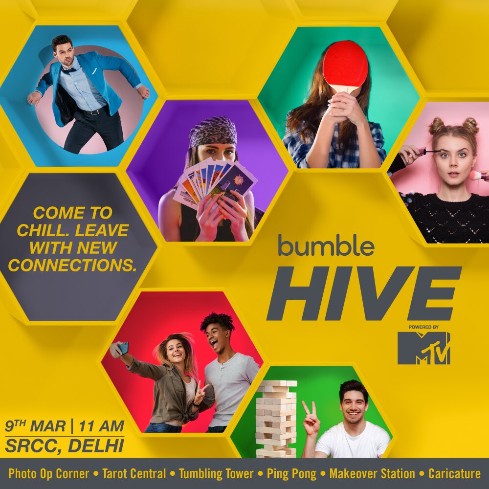 MTVIndia's tweet photo. Come to chill, leave with new connections! 
Interact at the @bumble Hive Powered by @MTVIndia! We’re coming to Delhi on 9th March at @SRCCDelhi starting from 11am. See you there! 
#EqualNotLoose #MTVBumbleHive https://t.co/pgIwgh2pXH
