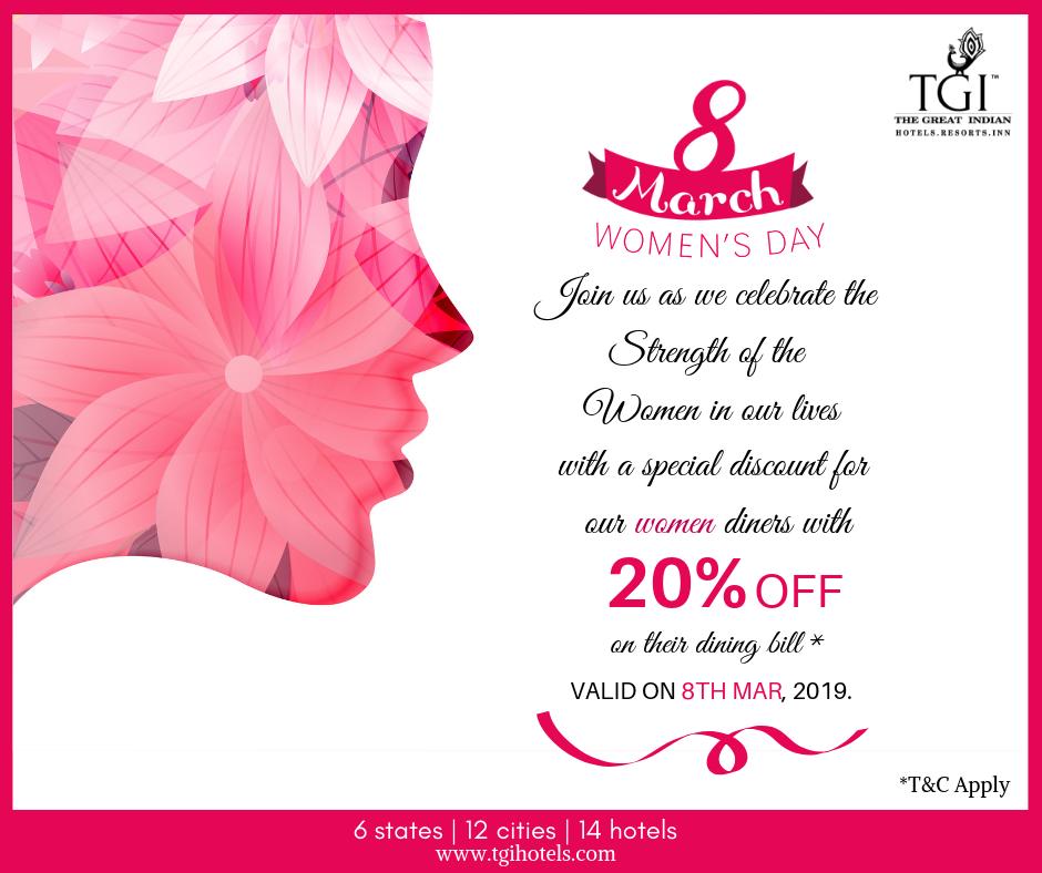 tgi_hotels's tweet photo. #TGIOffers On #WomensDay, we are celebrating the indomitable #spiritofwomen at all our restaurants with a #discount of 20% off on #dining for #women. For details, visit our website https://t.co/mpBI2cJMCk
or call our toll free number 1800 258 3100
#ExperienceTGI #TGISpecials https://t.co/xcIGO8jMaA