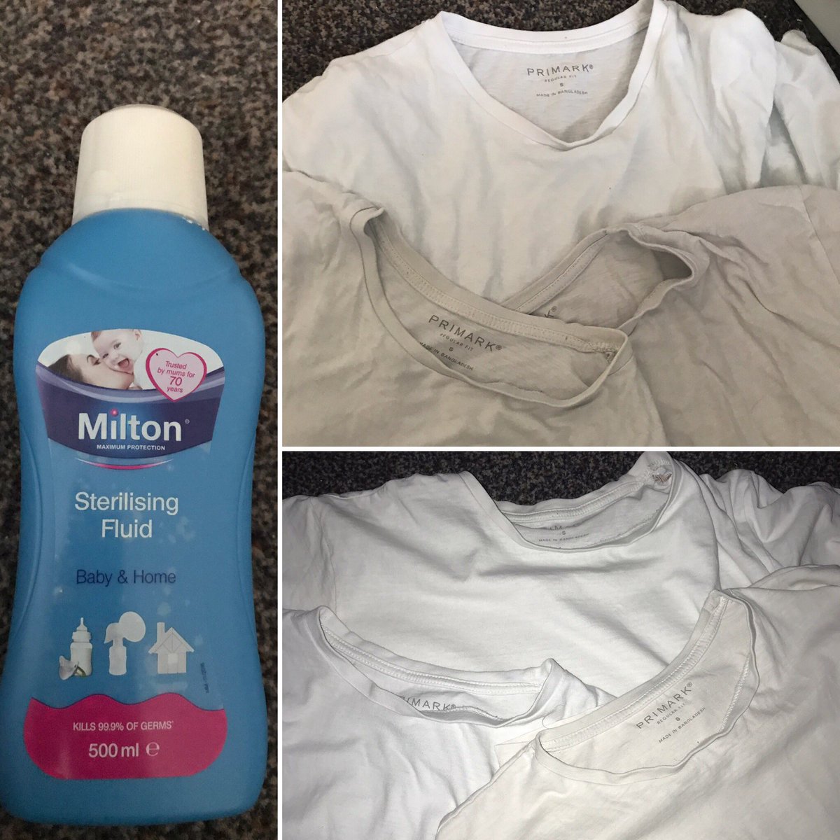 Amy_loulou1992's tweet image. Wow I honestly didn’t realise how grey my white T-shirt’s had gone until I bought a new one. I soaked them in @Milton_baby sterilising fluid for a couple of hours and this is the result. All I can say is wow!!! #whites #whitened #miltonhacks #brighter #wow #amazingstuff