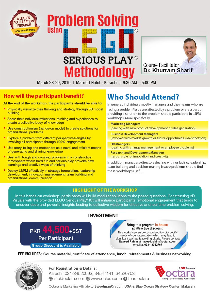 TeamOctara's tweet photo. Octara hosts a 2-Day workshop on Problem Solving using LEGO® Serious Play® Methodology by Dr. Khurram Sharif on March 28-29, 2019 - KHI. To view the detailed brochure, click here https://t.co/zEecYomGZd
#LSPM #LEGO #SeriousPlay #ApplicationTechniques #TCSOctara @tcs_couriers https://t.co/TJxYjiYB3p