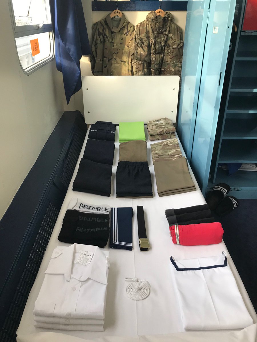 HMS_Raleigh's tweet photo. #cornwell31’s laid out all their kit for the Week 7 kit muster. Clean, dry, ironed, folded to A4, named and presented as instructed. Well done to all those that passed. #lifeasasailor https://t.co/25mSjwJLtD