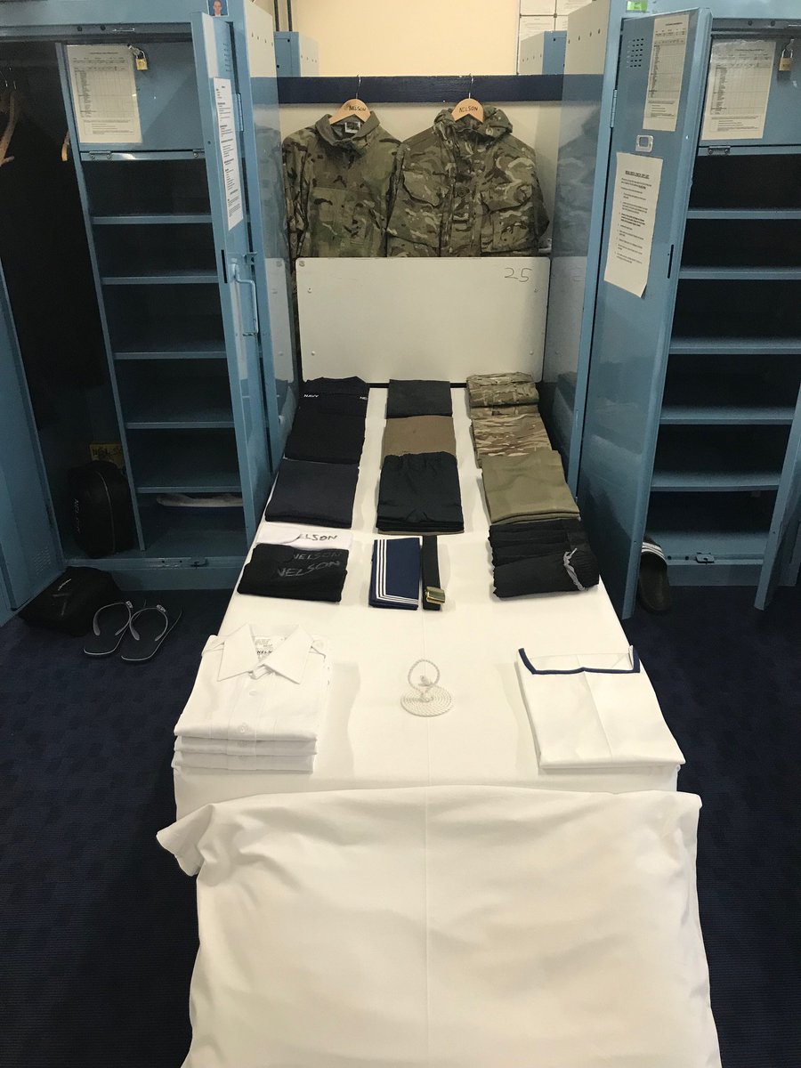 HMS_Raleigh's tweet photo. #cornwell31’s laid out all their kit for the Week 7 kit muster. Clean, dry, ironed, folded to A4, named and presented as instructed. Well done to all those that passed. #lifeasasailor https://t.co/25mSjwJLtD