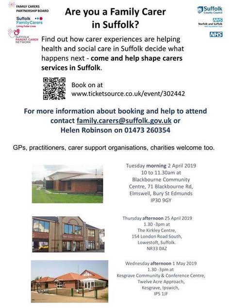suffolkcarers's tweet photo. Would you like to find out how carer experiences are helping health &amp; social care in #Suffolk decide what happens next? Come along to one of these events to find out #familycarers #WednesdayWisdom @suffolkpcn @NSFTtweets @IESCCG @NHSWSCCG https://t.co/8LVmbNjs8w