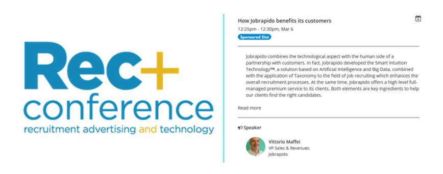 jobrapido's tweet photo. We're up and running at Day 2 of the #RecPlus #Conference in #Barcelona!
Come visit us at our booth and don’t miss the speech of our VP Sales & Revenues, Vittorio Maffei, about "How Jobrapido benefits its customers" today at 12:25pm: https://t.co/qC7AwsMZjL #talentacquisition https://t.co/SkDymUA0Pz