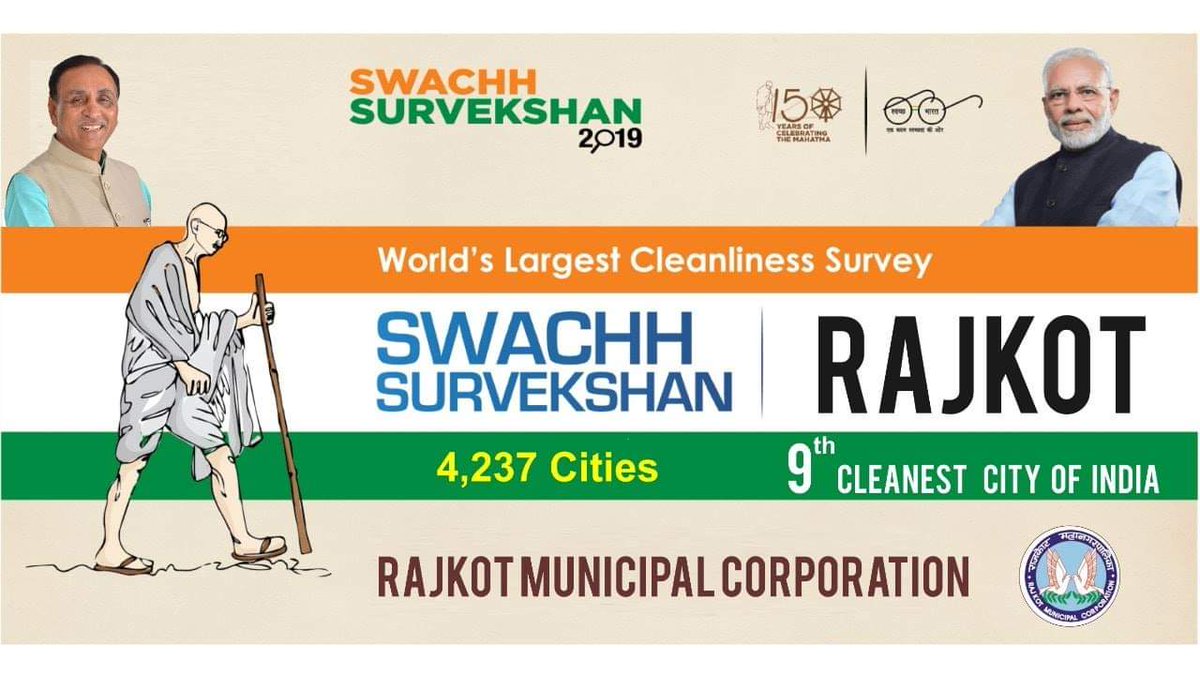 smartcityrajkot's tweet image. સ્વચ્છ સર્વેક્ષણ ૨૦૧૯માં ૪,૨૩૭ શહેરોમાં રાજકોટ બન્યુ દેશમાં ૯માં નંબરનું સ્વચ્છ શહેર. શહેરીજનોનો આભાર માનતાં રાજકોટ મહાનગરપાલિકાના મેયરશ્રી બિનાબેન આચાર્ય, કમિશનરશ્રી બંછાનિધિ પાની તથા સ્ટેન્ડિગ કમિટી ચેરમેનશ્રી ઉદયભાઈ કાનગડ. #smartrajkot #swachhrajkot @CMOGuj @PMOIndia