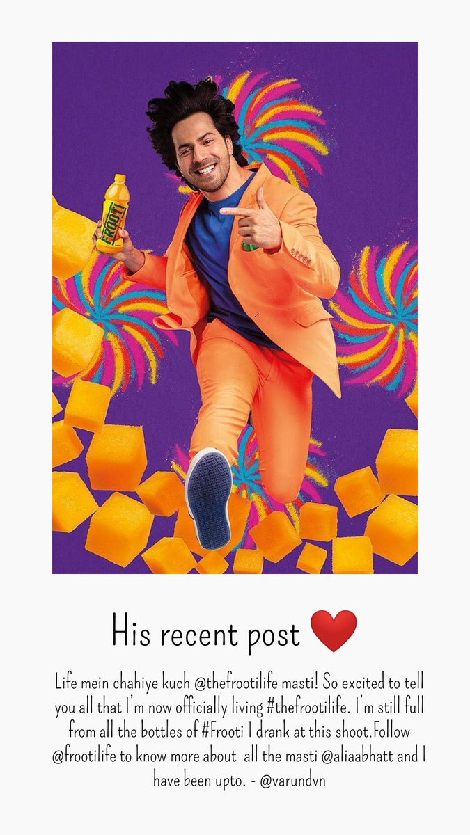 badibaatein's tweet photo. @Varun_dvn's recent instagram postโค
Congratulations vee! Another brand to add to your kitty! And how cool its #varia together! Cant wait to see more pics! Congratulations hero!
| #frootilife #frooti #AliaBhatt #varundvn #varundhawan โค| @aliaa08 @Frooti ๐ผ| https://t.co/2MyOcUfQrV