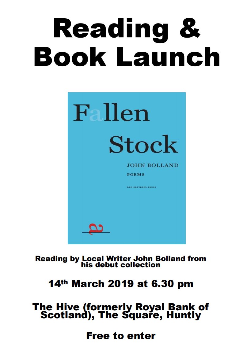 jbolland_vftlg's tweet photo. Launching my (new) poetry collection #FallenStock in my (new) home town of #Huntly next week.  Come in by. It's free. #TheHive (formerly RBS) on the Square. 6.30 on the14th. https://t.co/hN10j6pJAX
