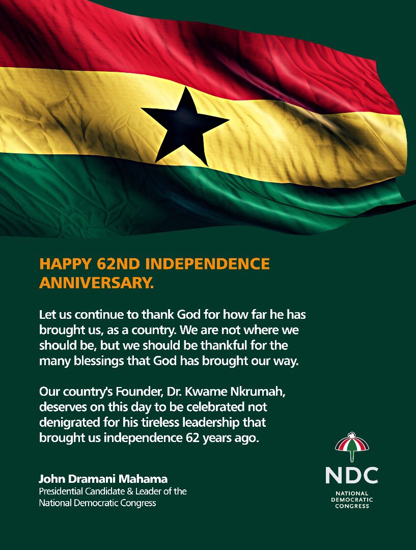 JDMahama's tweet photo. A happy 62nd independence anniversary to us all. 
#Ghana #HappyIndependenceDay #OnePeople #JohnMahama https://t.co/U4x7qZqEJO
