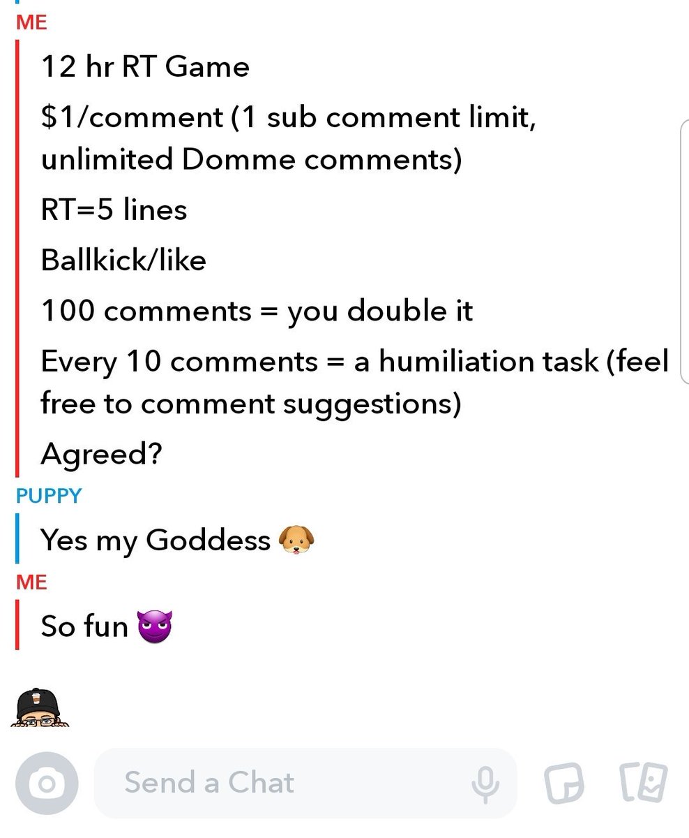 12 hr RT Game 
$1/comment (limit -sub 1, dommes unlimited)
RT=5 lines
Ballkick/like
100 comments = he doubles it
Every 10 comments = a humiliation task (feel free to make suggestions 🤣) 
@promopuppy42 @rtgame_ #BBR #BGR #GBD #GDRT #rtgame #Findom <a href="/promocucky/">Femdom Promoter Cucky 15k</a> <a href="/promo_mistress/">Promo account for Mistress Paris</a>