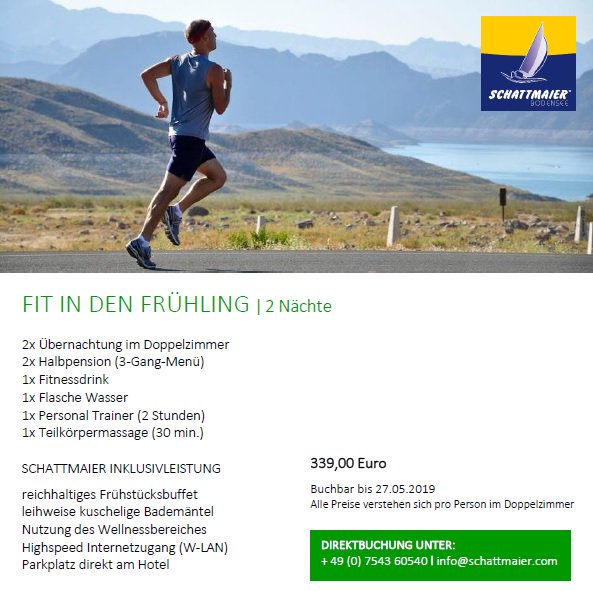SchattmaierB's tweet photo. Starten Sie FIT IN DEN FRÜHLING ⚓️🌼🧘‍♂️🌊🌷
Übernachtung im Doppelzimmer, Halbpension (3-Gang-Menü), Fitnessdrink, Flasche Wasser, Personal Trainer, Teilkörpermassage.
Buchbar bis 27.05.2019. Freecall 0800-7242886 #bodensee #sailing #hotel #wellness #übernachtung #fitness https://t.co/enO0flVBPp