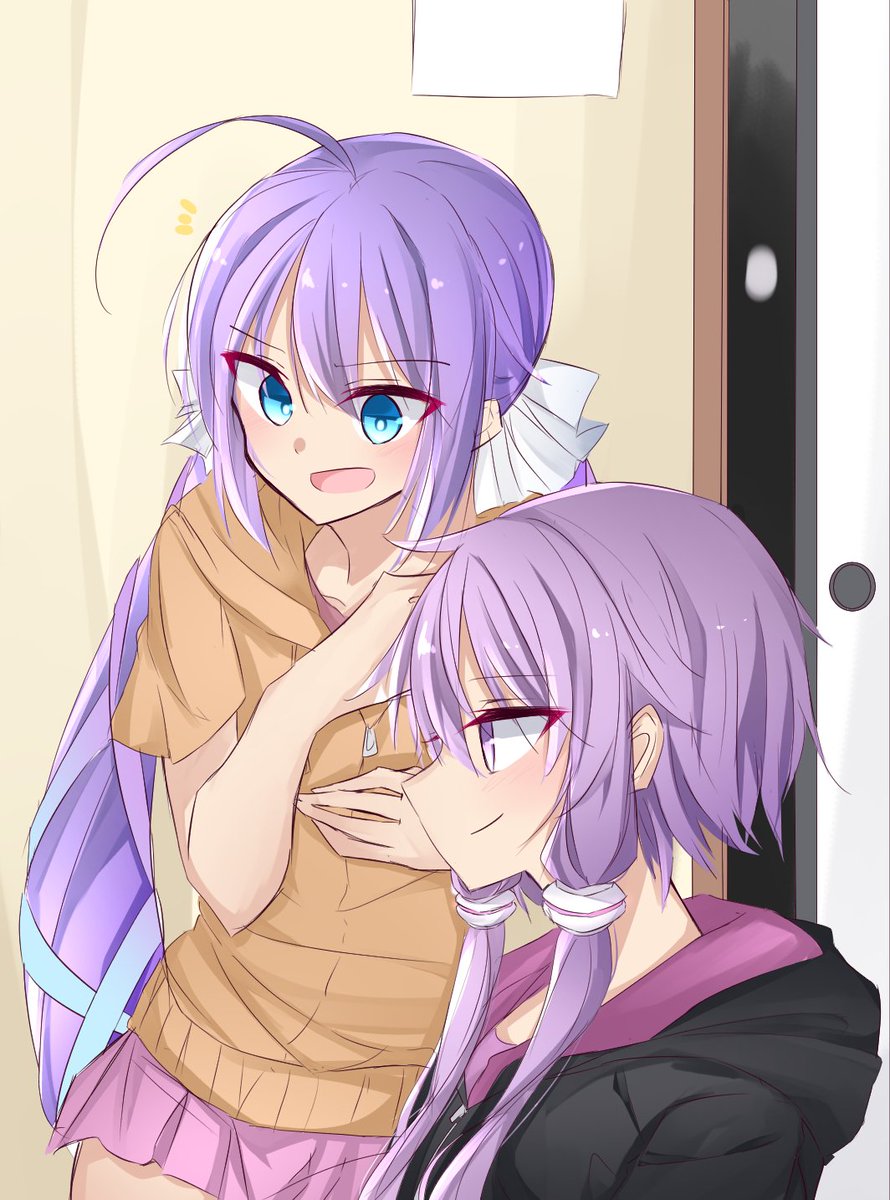 結月ゆかり 「お題:ゆかりさんとウナちゃんが仲良くしているのを、とてつもないオーラを放ちながら」|キノ@ペンタブ練習中のイラスト