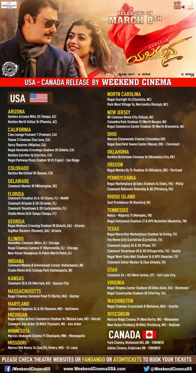 dasadarshan's tweet photo. Thanks a lot for all the overwhelming love &amp; support across India for #Yajamana. Extremely Grateful to everyone. Movie will be Releasing in USA &amp; Canada this weekend. Theatre listings are attached for your reference. Can book your tickets via @WeekendCinemaUS
Nimma Dasa Darshan https://t.co/9IIaFKlBWY