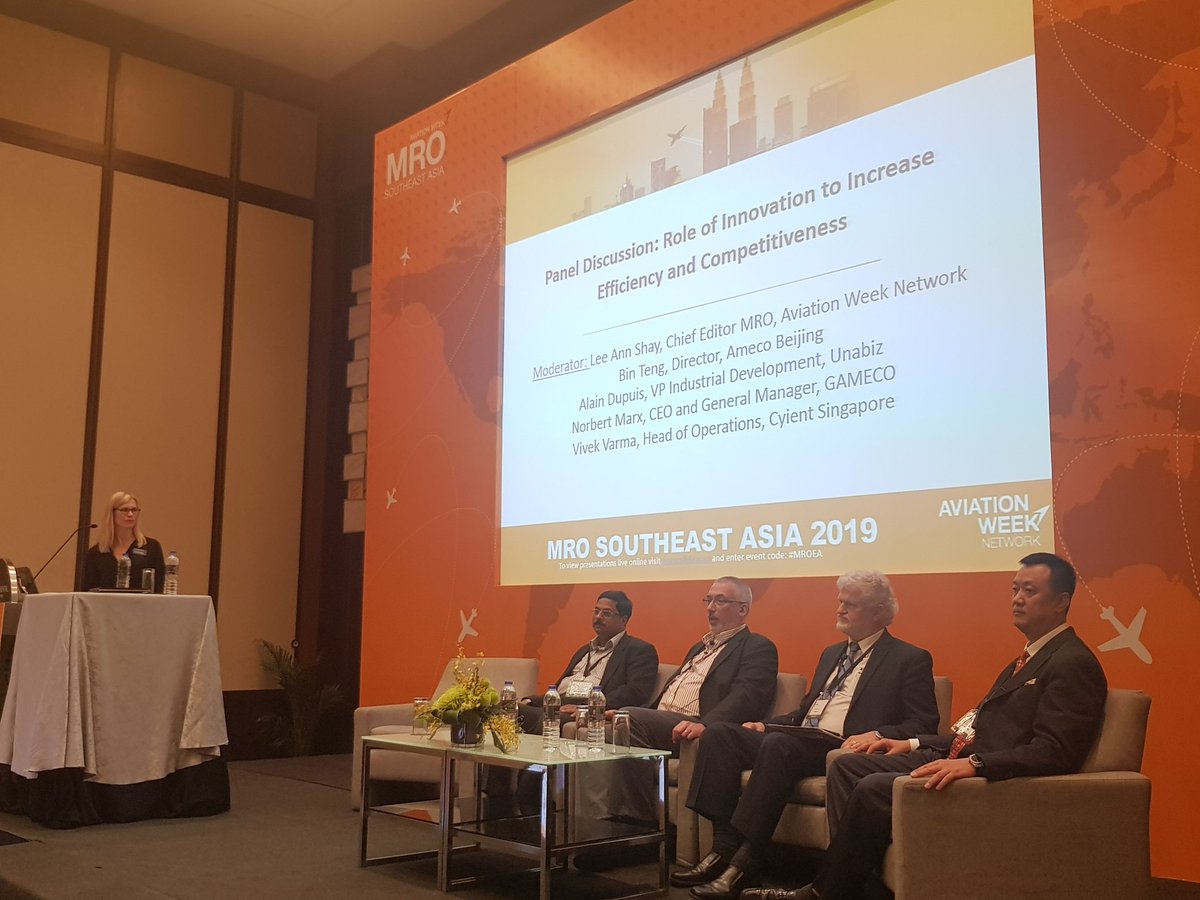 AvWeekEvents's tweet photo. Lee Ann Shay @AviationWeek moderates a panel including #unabiz #amecobeijing #gameco & #cyientsingapore discussing the role of innovation to increase efficiency and competitiveness #MROEA #MROSEA https://t.co/IKqUcz0zLI