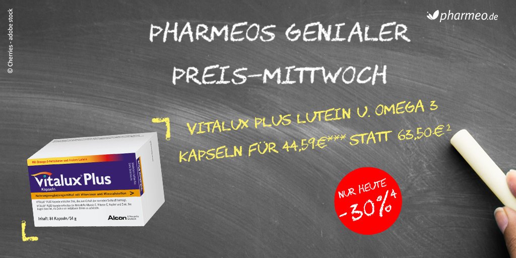 Pharmeo's tweet photo. VITALUX Plus Lutein und Omega 3 Kapseln. Nur heute an unserem genialen Preis-Mittwoch für nur 44,59 €*** statt 63,50 €. Hier geht es zur Aktion: https://t.co/SkzSsxb0hy Die ***Bedingungen erfahren Sie in unserem Shop https://t.co/xJmuWTAYCk