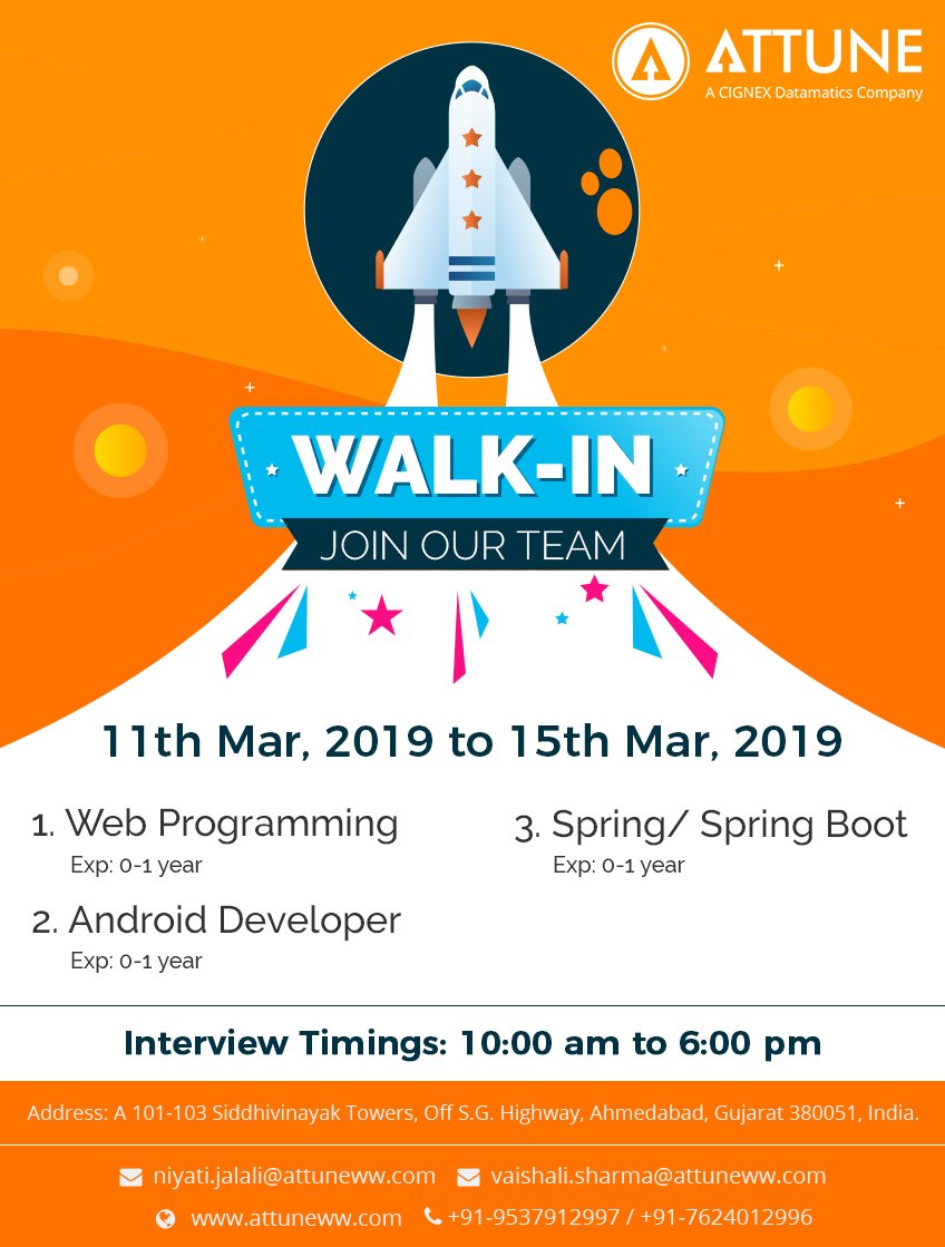 attuneww's tweet photo. Walk-in Interviews at Attune World Wide #interviewing
We are conducting Walkins for the below mentioned positions:
https://t.co/kgpknX6LYO
#WebProgamming #AndroidDevelopers #SpringBoot https://t.co/pSWDcFC2Xw