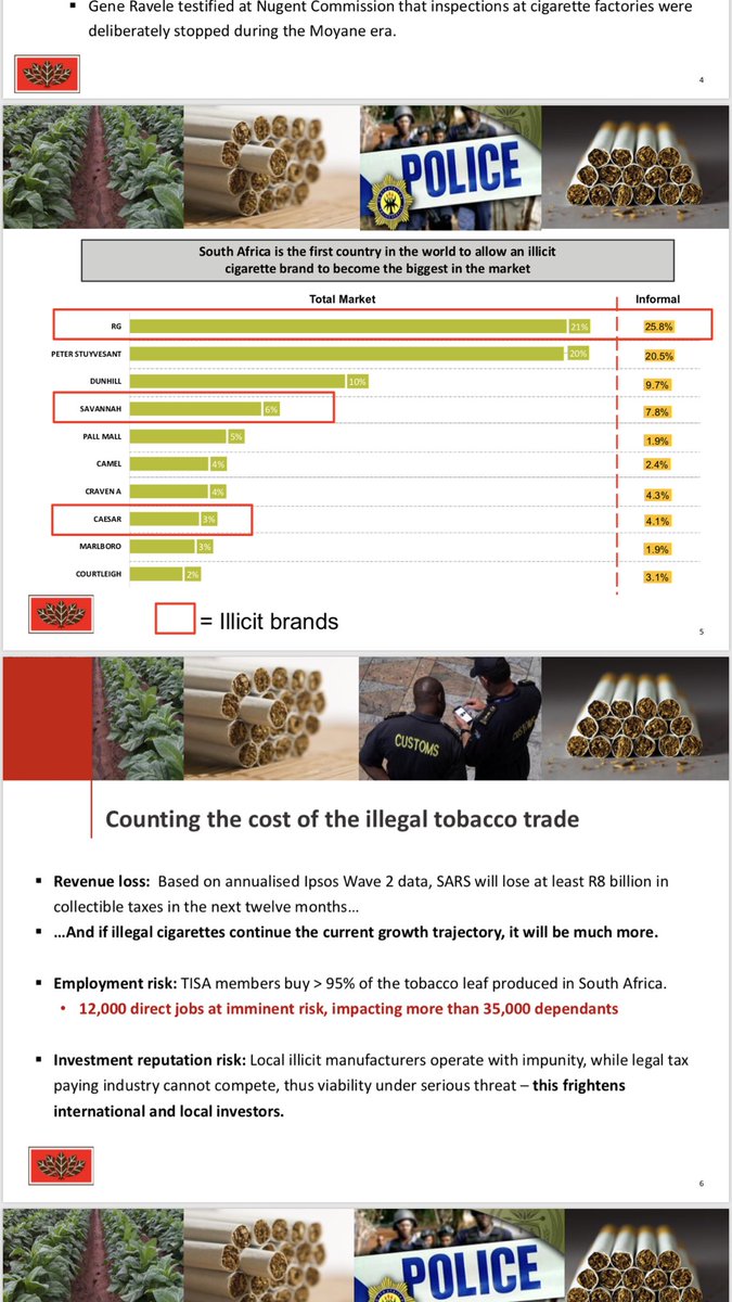 AnnikaLarsen1's tweet photo. Tobacco Inst of SA:  illegal cigarette trade are leading sales and they don’t pay tax which means SARS loses R8 billion a year. (And some high profile people have stakes in these companies .)TISA says spot inspections to illegal manufacturers stopped during Tom Moyane era. @eNCA https://t.co/nsXTkl1GyA