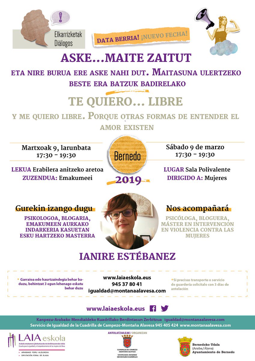 ⚠️ #Bernedo – Taller “Te quiero… libre”⚠️
📆 9 de marzo ⏰ 17:30 - 19:30
📌 Sala de uso polivalente
👩‍🏫 <a href="/ianireestebanez/">Ianire Estébanez</a> psicóloga, bloguera, intervención #violencia contra las #mujeres 
ow.ly/N8Tq30nVp6F @Araba_Eus  <a href="/CrecerBernedo/">Hacer Crecer Bernedo</a> <a href="/MontanAlavesa/">Cua. Montaña Alavesa</a>  #LAIAeskolaBernedo