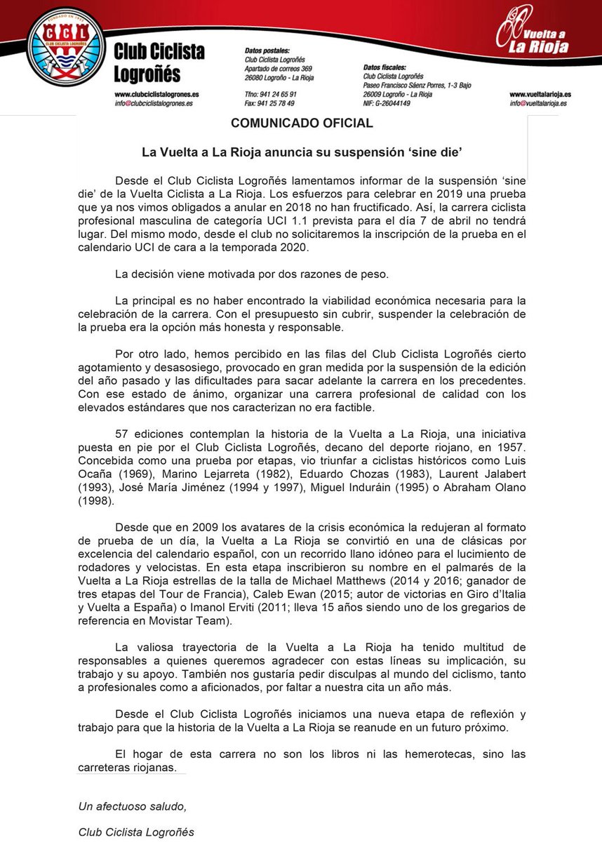 VueltaLaRioja's tweet photo. COMUNICADO OFICIAL: La Vuelta Ciclista a La Rioja queda suspendida 'sine die'. Iniciamos una nueva etapa de reflexión y trabajo para regresar en un futuro próximo. El hogar de esta carrera no son los libros ni las hemerotecas, sino las carreteras riojanas.
https://t.co/sRzyOgphiA https://t.co/qMw3vtLJ2r