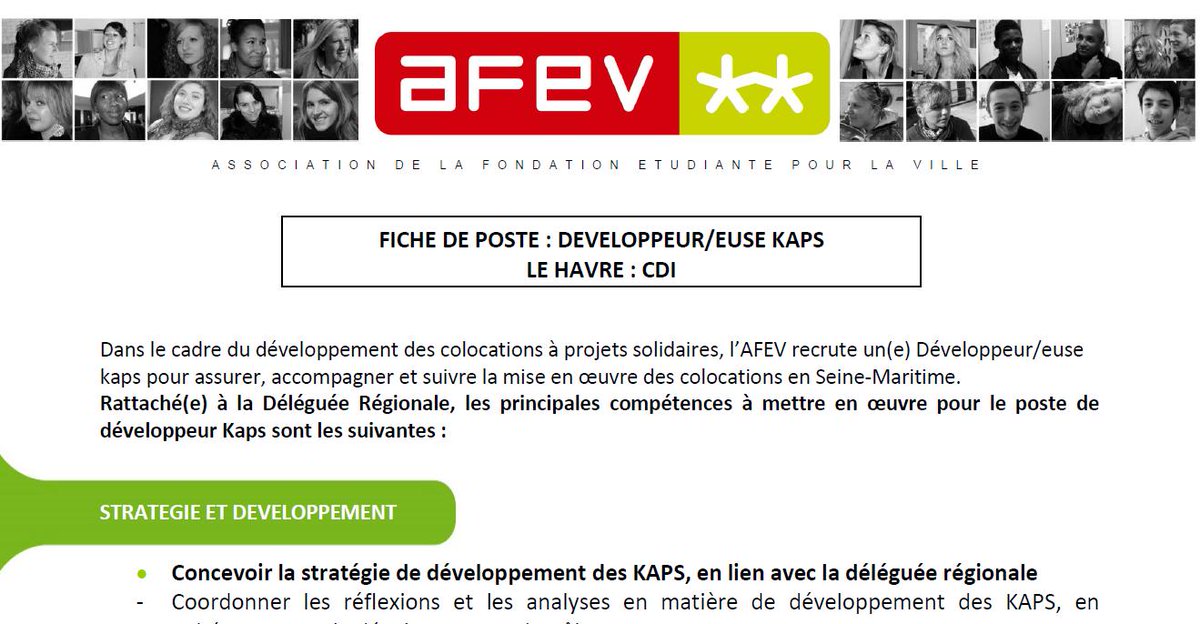 Ouverture de poste : <a href="/AFEVNormandie/">Afev Normandie</a> recherche #développeurkaps poste situé au Havre 
afev.org/poste/developp…