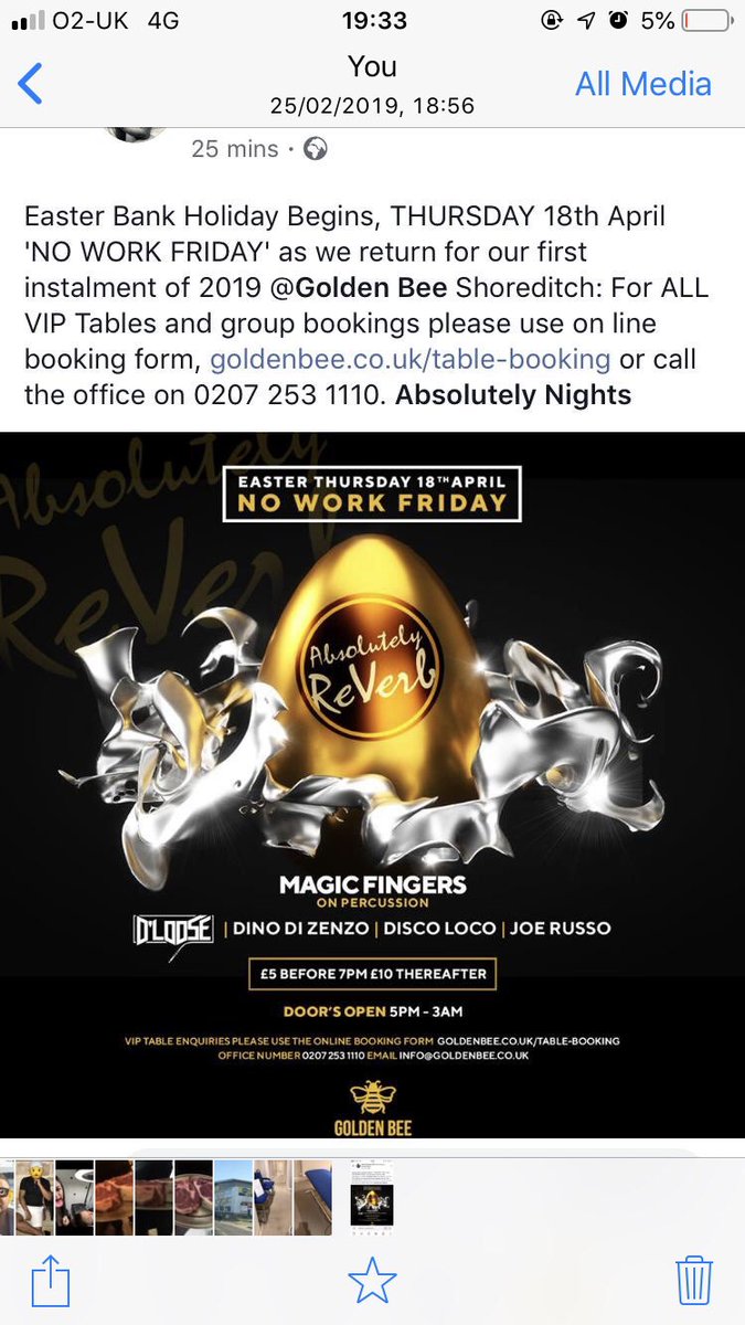 Bank Holiday Begins Easter Thursday 18th April NO WORK FRIDAY @GoldenBeeEC1 for <a href="/AbsReverb/">Absolutely Reverb</a> with Magic Fingers On Percussion: Glist Now Open Call The Office On 0207 253 1110