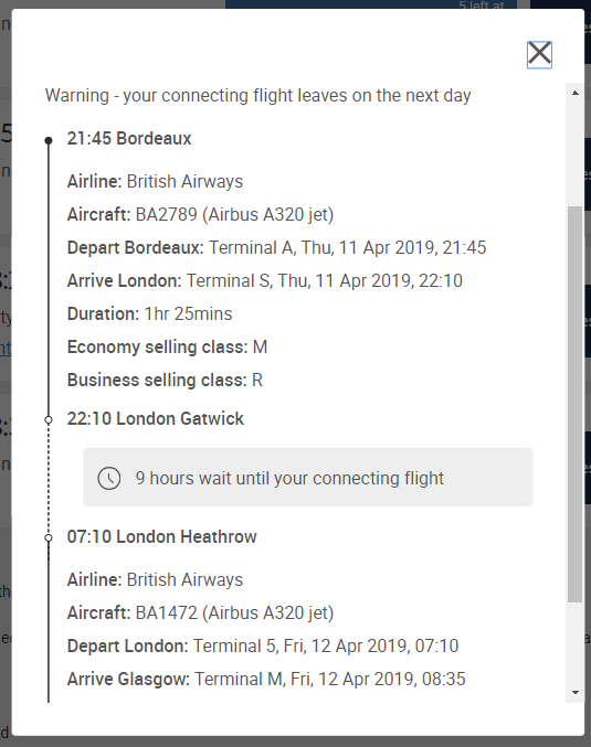 Kevin_J_Ward's tweet photo. @British_Airways Here's some screenshots - 1st is the only option I get for glasgow-bordeaux rtn. 2nd shows there is a flight from Gatwick in the morning. I've just noticed I can make this work as a 'multi-city' trip so I'll just do that. Strange that the suggested connection was Heathrow though https://t.co/AAHA4jmlFp