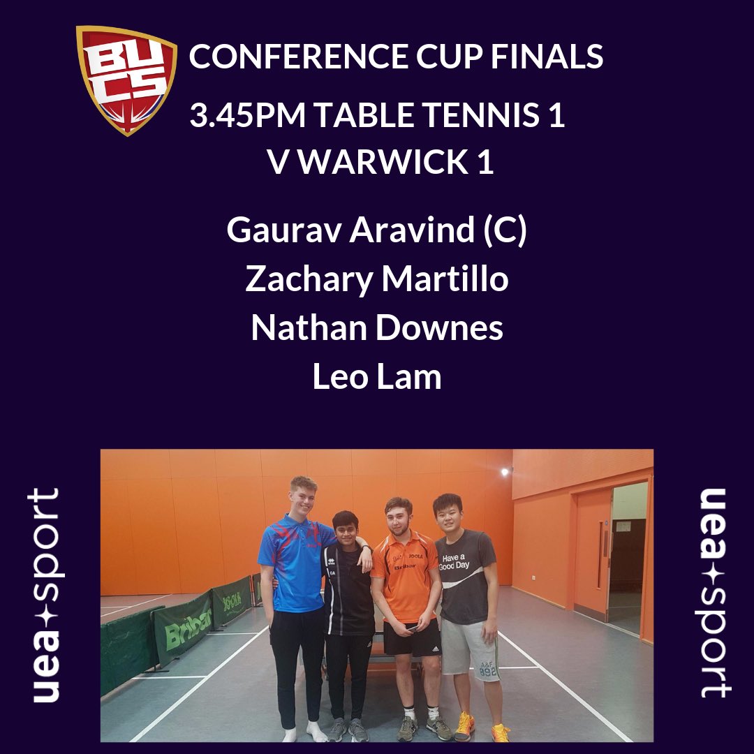 ueasport's tweet photo. BUCS Conference Cup Finals| @UEATableTennis go into their final today unbeaten in all competitions can they finish the season that way? #ueasport #ueafamily #BUCSConferenceCup https://t.co/irBAGv1mxh
