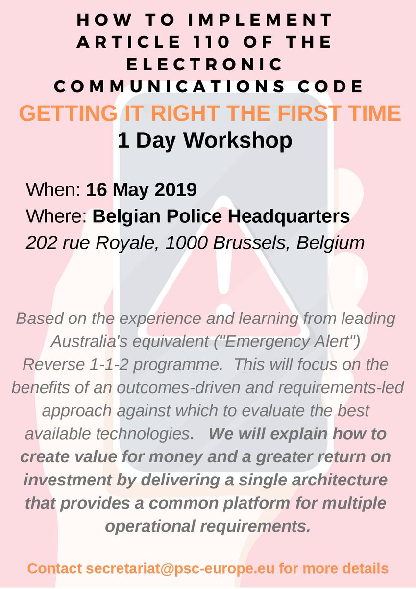 How to implement article 110 of the European Electronic Communications Code aka REVERSE 112? PSCE has just published a white paper and will organize a one day training workshop in Brussels on 16 May 2019. Stay tuned! bit.ly/2C3nBtu #PublicWarning #PublicSafety