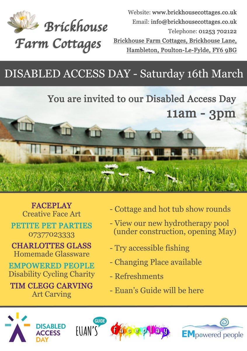 BrickHCottages's tweet photo. Come and join us in DISABLED ACCESS DAY!
Saturday 16th March, 11am - 3pm
Cottage show rounds, try accessible fishing and much more... 🤩 #AccessDay https://t.co/vnC6HrnkZY