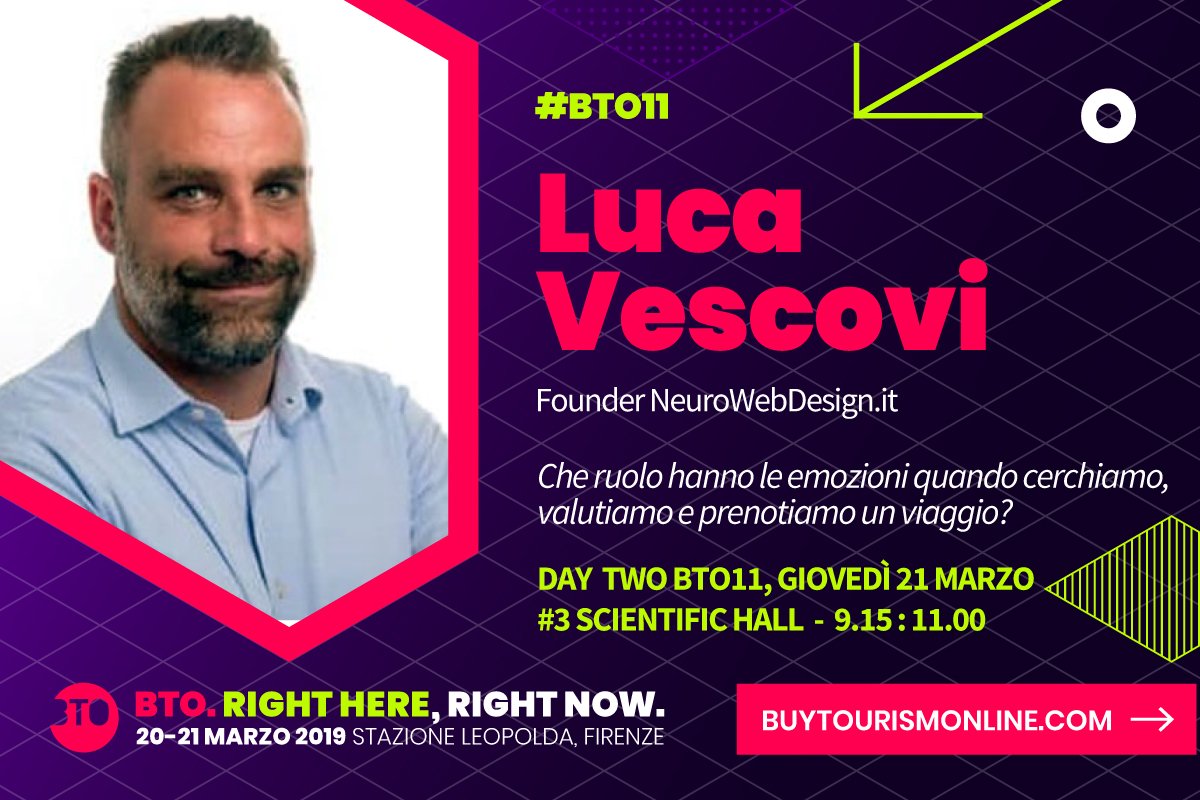 Neuro_WebDesign's tweet photo. 🧠NeuroWebDesign a BTO il 21 marzo alle ore 9:15:
🗓️ "Che ruolo hanno le emozioni quando cerchiamo, valutiamo e prenotiamo un viaggio?" | Luca Vescovi coordinerà il nostro intervento
Conosciamolo
▶️ https://t.co/heS3u1JHkv
#bto11 #userexperience #neuromarketing #neurowebdesign https://t.co/7Bq3OH7V0V