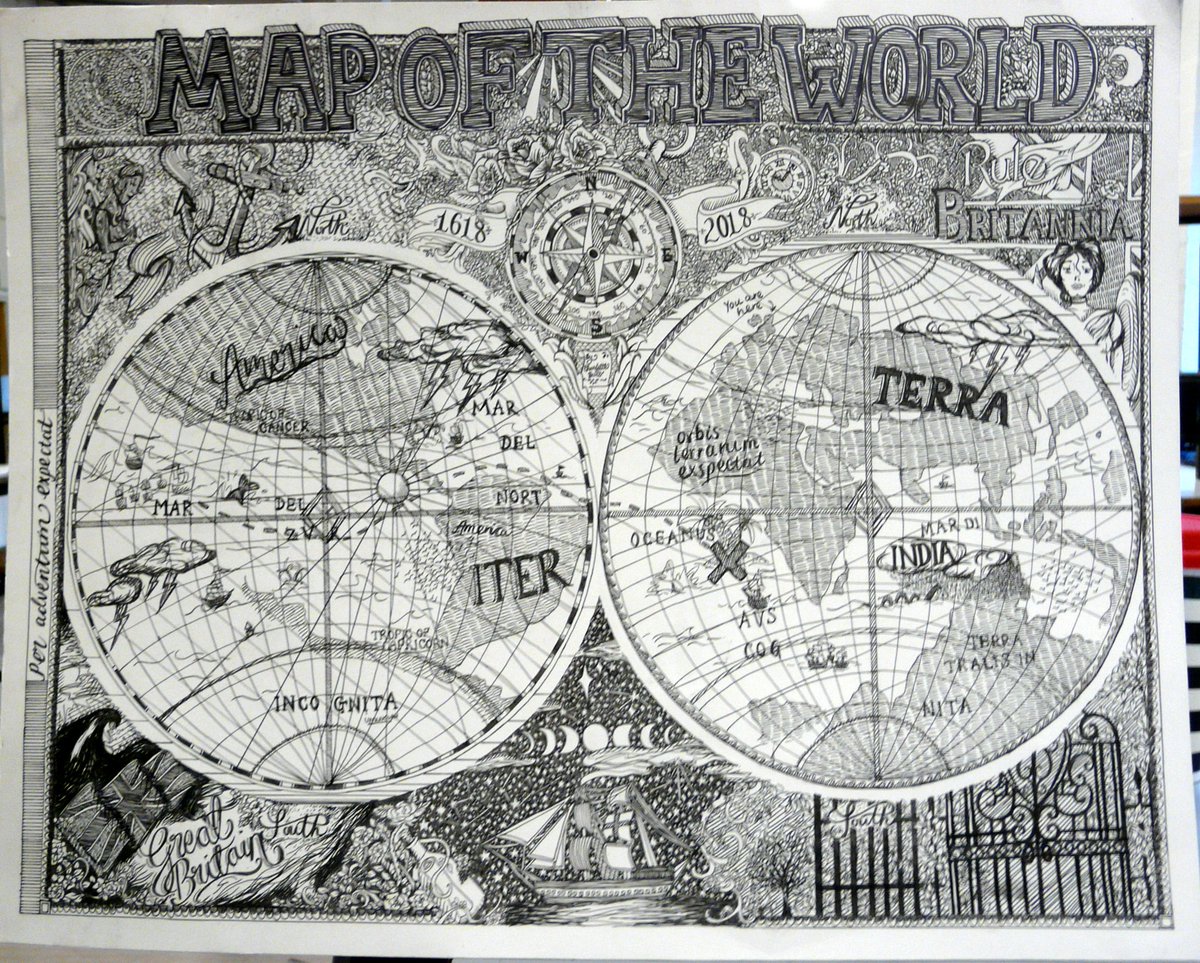 EducationEACT's tweet photo. Happy #ArtWorkWednesday! Check out this piece from @DSLVNews Charlotte, our secondary winner at #NPCE2018. Which interesting details can you spot in her map of the world? https://t.co/49WdGTUg2h